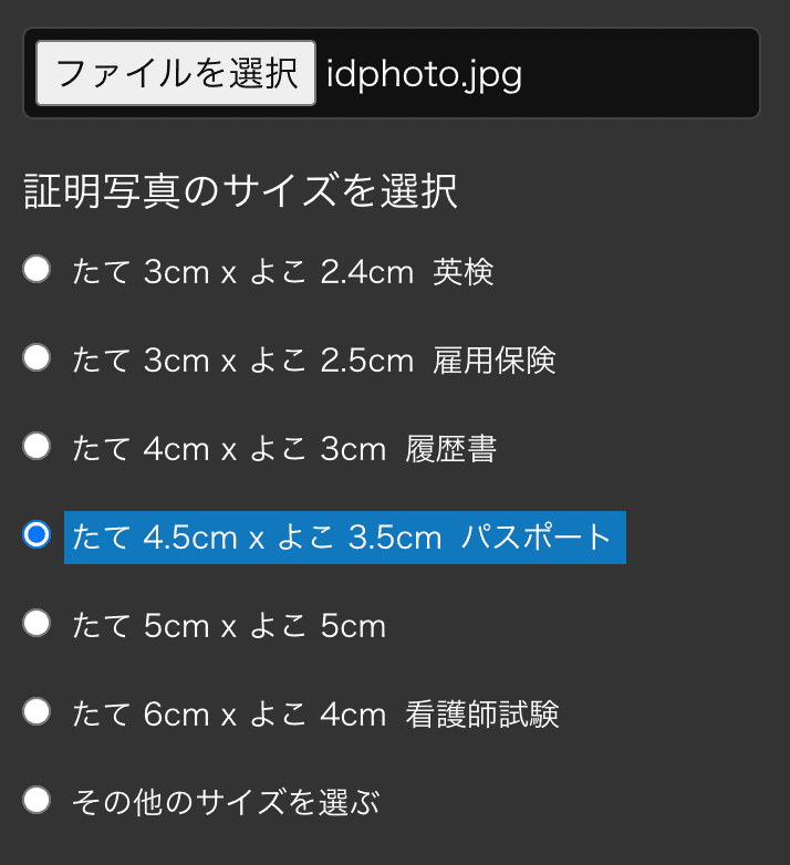 証明写真のサイズを選んで写真をアップロード